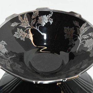 Vintage Flower and Leaf Silver Overlay Black Glass Bowl Sawtooth rim
